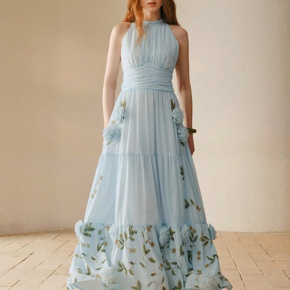 Baby Blue Boho Women's Ruched Halter Neck 3d Floral Dress - Picture 1 of 6